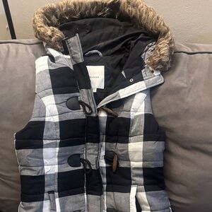 Maurices Black and Gray Plaid Vest with Faux Fur Hood